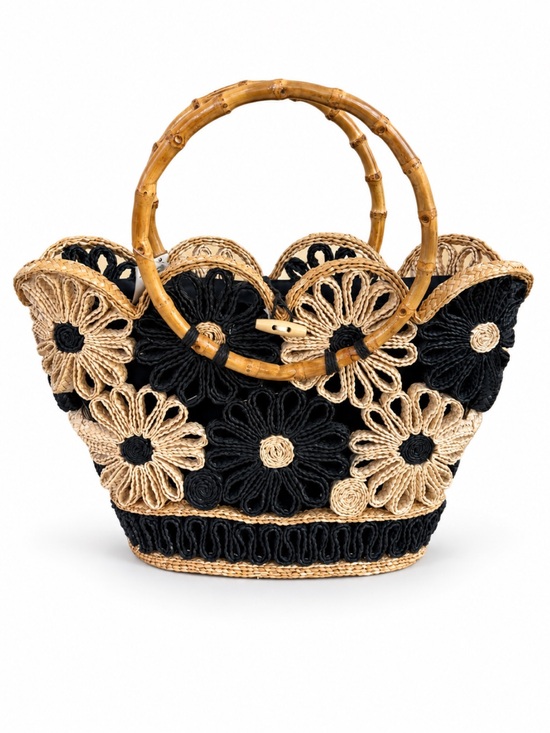 United Colors Of Benetton Handbags - NWT!  Vintage United Colors of Benetton Floral Woven Straw Bag Bamboo Handles